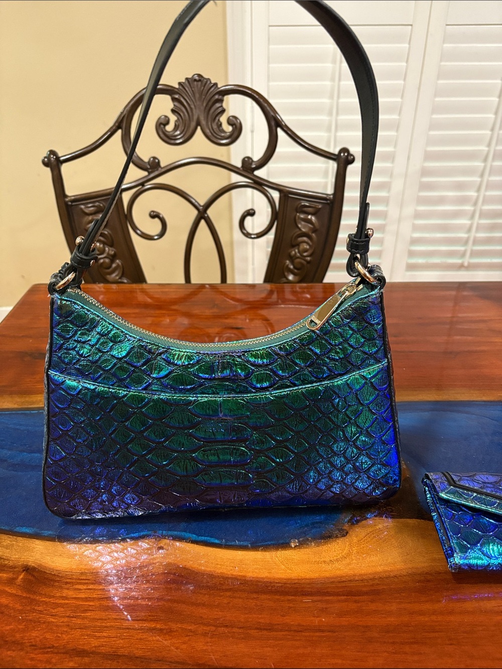 Brahmin Iridescent Green-Blue Textured Shoulder Bag - Picture 4 of 12